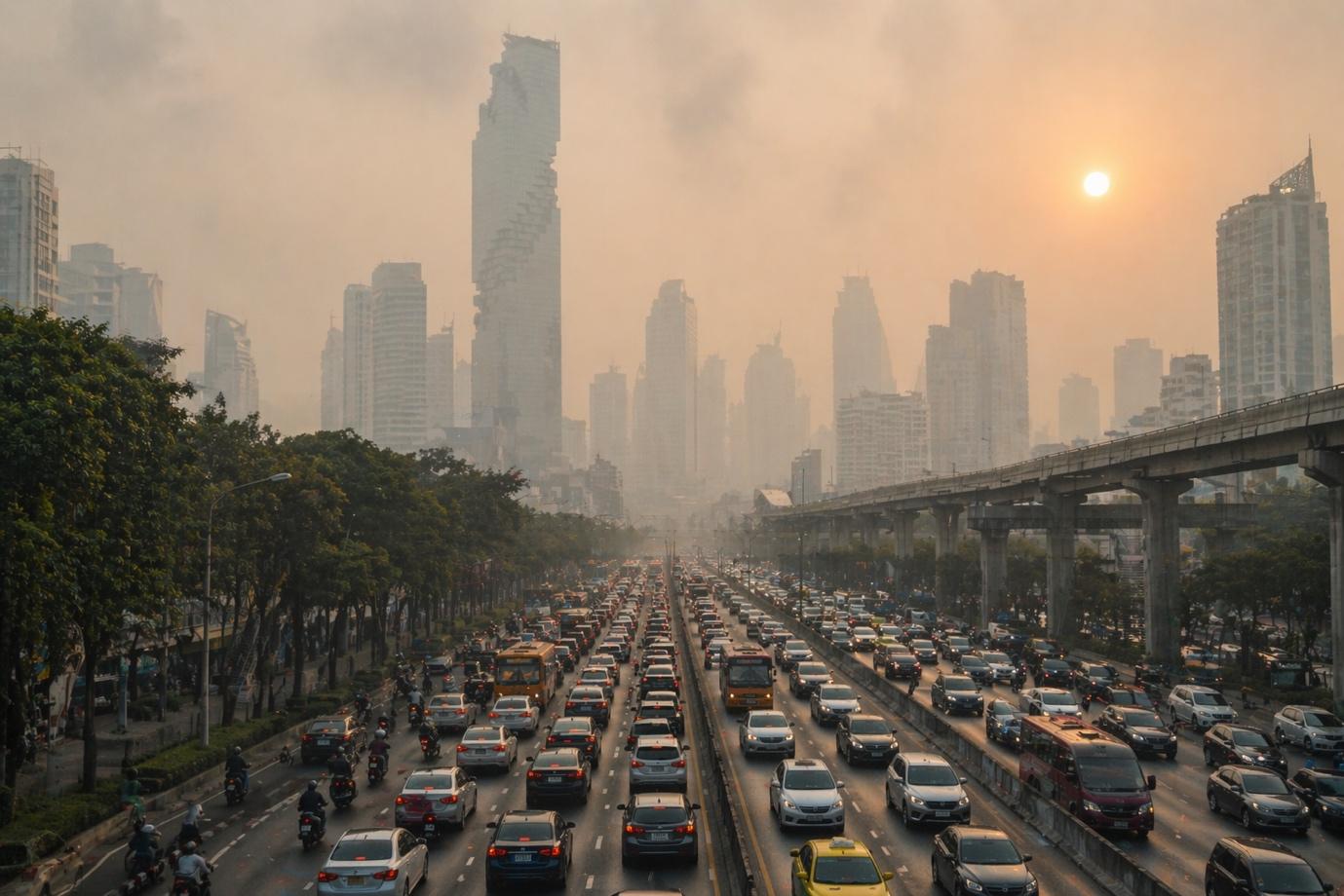 ภาพเส้นขอบฟ้ากรุงเทพในวันที่มีฝุ่น PM 2.5